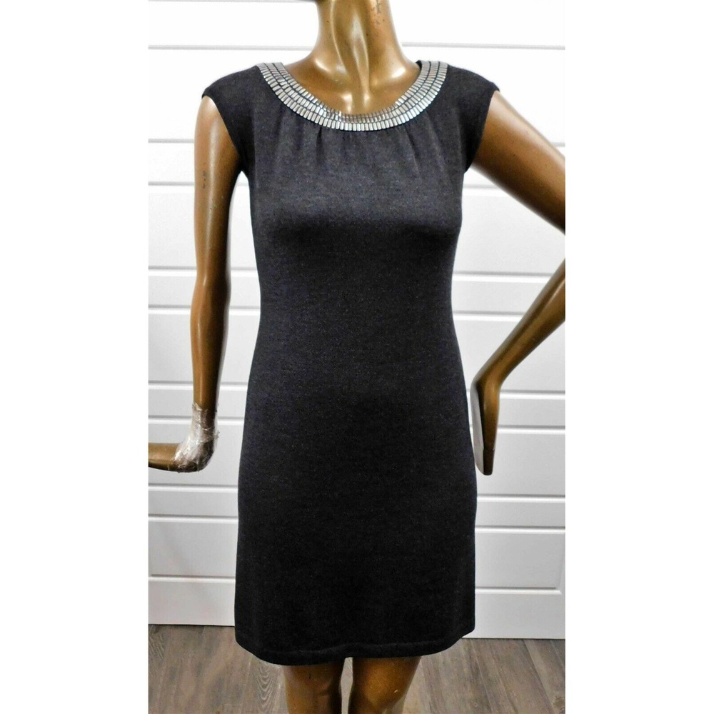 St John Collection Charcoal Gray Knit Sleeveless Silver Studded Dress‎ USA sz 4